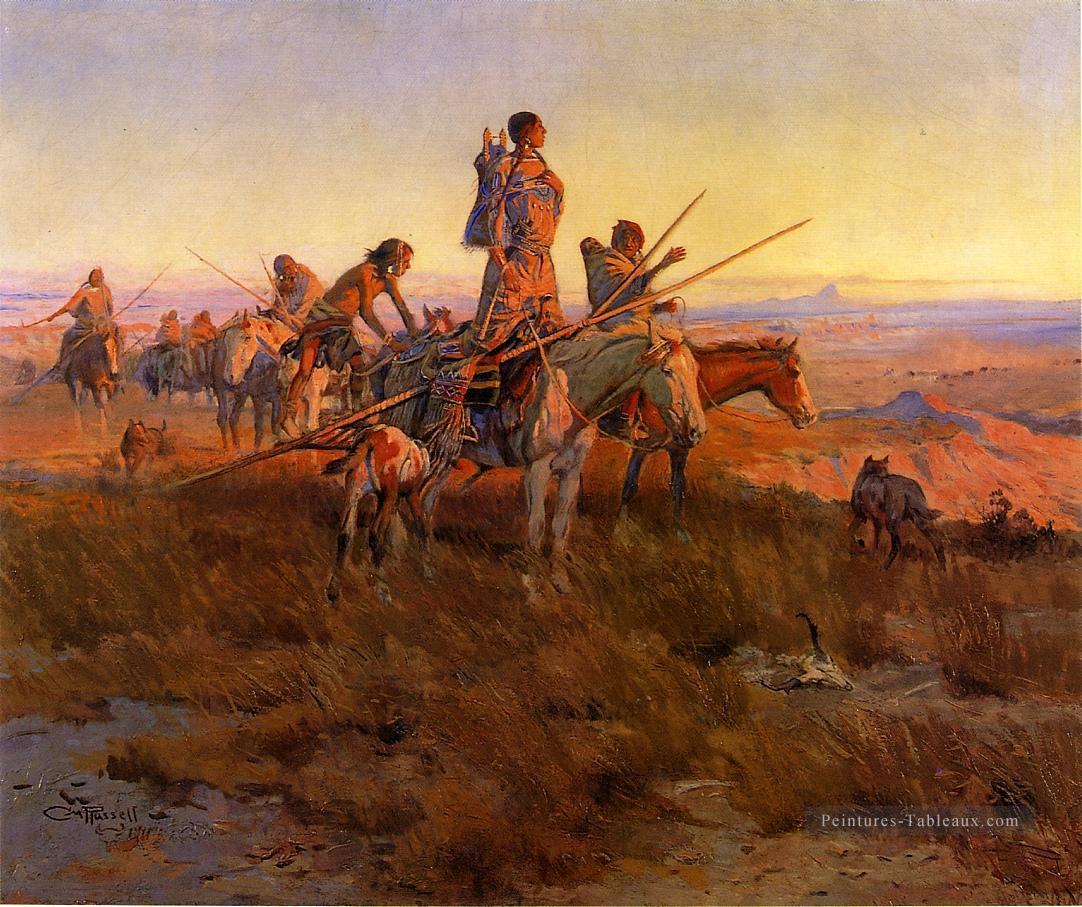 Dans le sillage des chasseurs de bisons Art occidental Amérindien Charles Marion Russell Peintures à l'huile